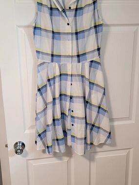 Julian Taylor Blue, White & Light Green Plaid Sleeveless Dress
